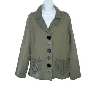 Neon Buddha Knit Shawl Collar Jacket M Green Cable Knit Pocket Button Front